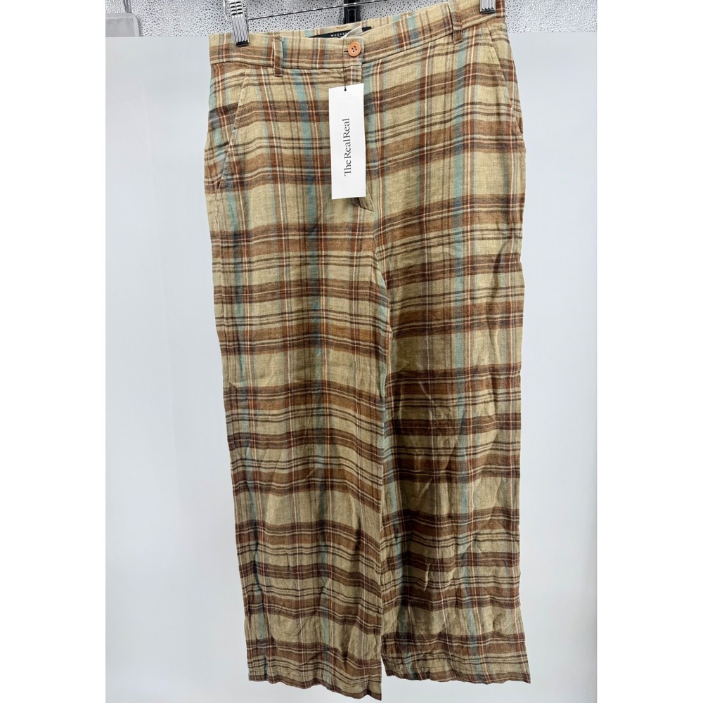 Weekend Max Mara Brown Plaid 100% Linen Wide‎ Leg Pants Made in Italy Size 6